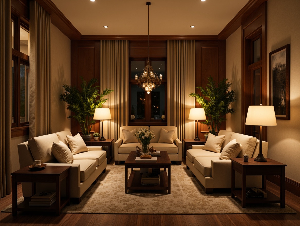 Prompt: Cozy living room, warm ambient lighting, table lamps, floor lamps, pendant lights, chandeliers, soft glow, gentle shadows, rich wood tones, comfortable seating, plush carpets, intimate atmosphere, relaxing vibe, warm beige walls, soft cream-colored furniture, elegant drapes, subtle patterns, minimal ornamentation, calm mood, peaceful ambiance, natural textures, earthy colors, warm white lighting, 1/2 composition, shallow depth of field, realistic rendering.