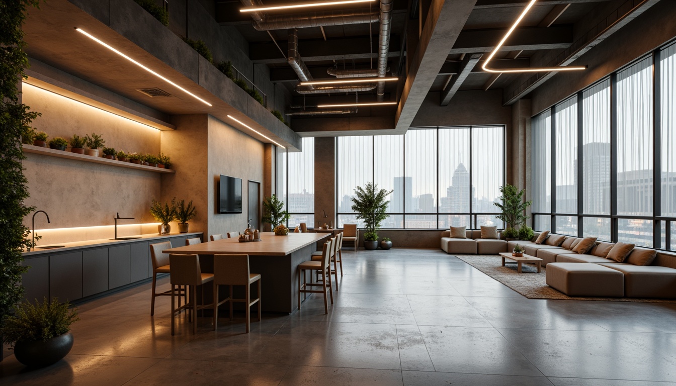 Prompt: Modern interior, sleek lines, minimalist decor, recessed lighting, LED strips, ambient glow, warm white tones, cozy atmosphere, textured walls, polished concrete floors, industrial chic, exposed ductwork, metal beams, urban loft feel, natural light pouring in, floor-to-ceiling windows, sheer curtains, soft diffused illumination, 1/1 composition, shallow depth of field.