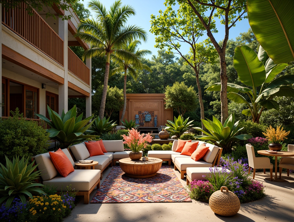 Prompt: Vibrant tropical garden, exotic flowers, lush greenery, wooden tiki torches, colorful textiles, bold geometric patterns, natural fibers, woven baskets, rattan furniture, bamboo accents, bright sunny day, warm soft lighting, shallow depth of field, 3/4 composition, panoramic view, realistic textures, ambient occlusion.