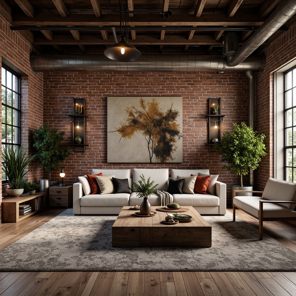 Prompt: Exposed brick walls, distressed wooden planks, industrial metal beams, rustic stone veneer, earthy color palette, warm ambient lighting, cozy textiles, vintage decorative accents, reclaimed wood shelves, ornate metal fixtures, soft natural fabrics, plush area rugs, eclectic art pieces, urban loft atmosphere, moody shadows, dramatic ceiling heights, open floor plan, functional minimalist decor.