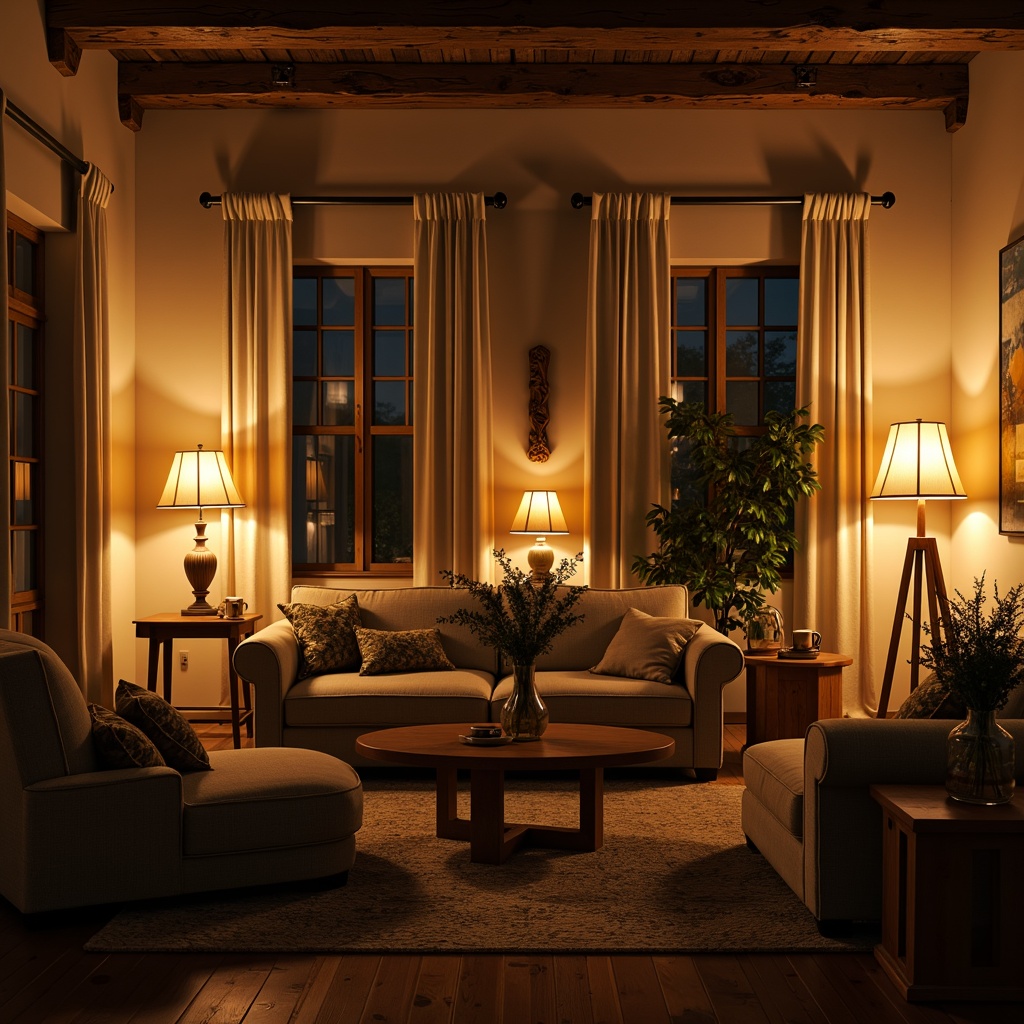 Prompt: Cozy living room, warm soft lighting, table lamps, floor lamps, dimmable LED lights, ambient glow, intimate atmosphere, comfortable seating, plush couches, wooden coffee tables, decorative vases, greenery plants, natural textures, earthy tones, rustic charm, warm beige walls, soft cream curtains, dramatic shadows, pool of light, 1/1 composition, low-key lighting, realistic rendering.