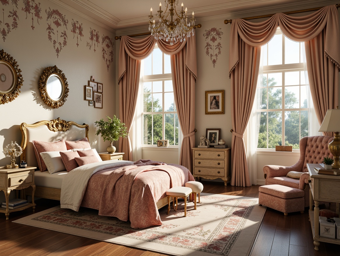 Prompt: Whimsical children's bedroom, ornate furniture, gold leaf accents, soft pastel colors, delicate florals, curved lines, intricate carvings, plush velvet fabrics, crystal chandeliers, luxurious drapes, carved wooden panels, gilded mirrors, antique toys, vintage books, distressed finishes, warm candlelight, shallow depth of field, 1/1 composition, romantic atmosphere, realistic textures, ambient occlusion.