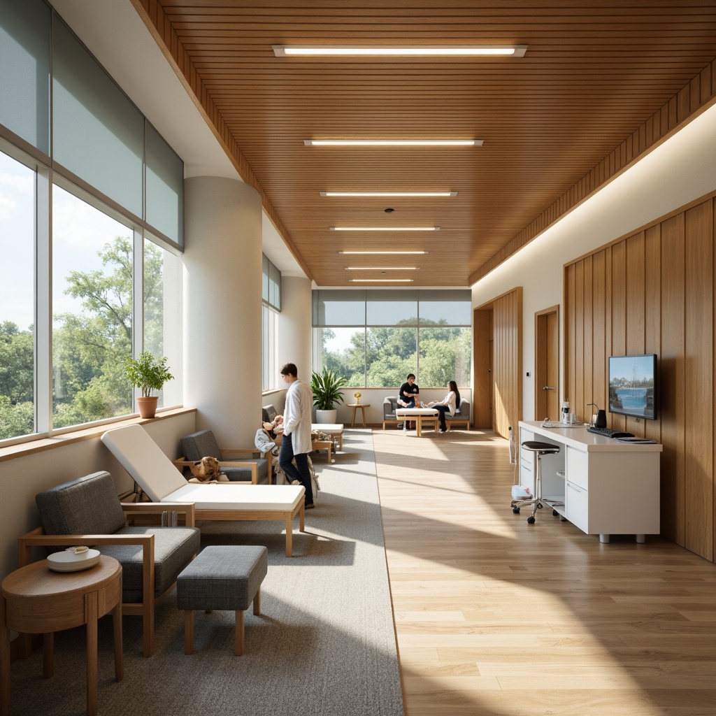 Prompt: \Soothing healthcare facility, natural wood accents, calming color palette, ergonomic patient chairs, sturdy medical equipment, adjustable hospital beds, comfortable waiting area sofas, antimicrobial upholstery, durable flooring, acoustic panels, warm LED lighting, shallow depth of field, 1/2 composition, realistic textures, ambient occlusion.\