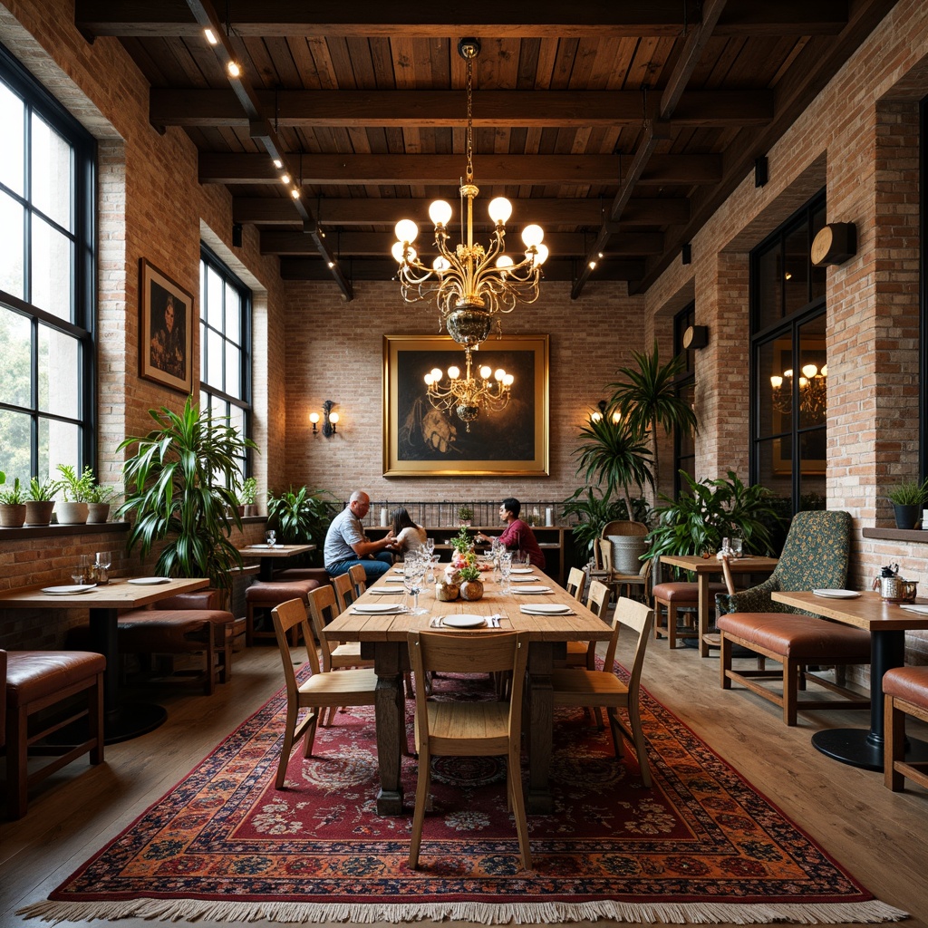 Prompt: Vintage-inspired dining hall, eclectic mix of furniture, distressed wooden tables, mismatched chairs, ornate chandeliers, richly patterned rugs, reclaimed wood flooring, exposed brick walls, industrial metal accents, bohemian textiles, Moroccan tiles, inlaid wooden patterns, warm golden lighting, soft focus, shallow depth of field, 1/1 composition, atmospheric ambiance.