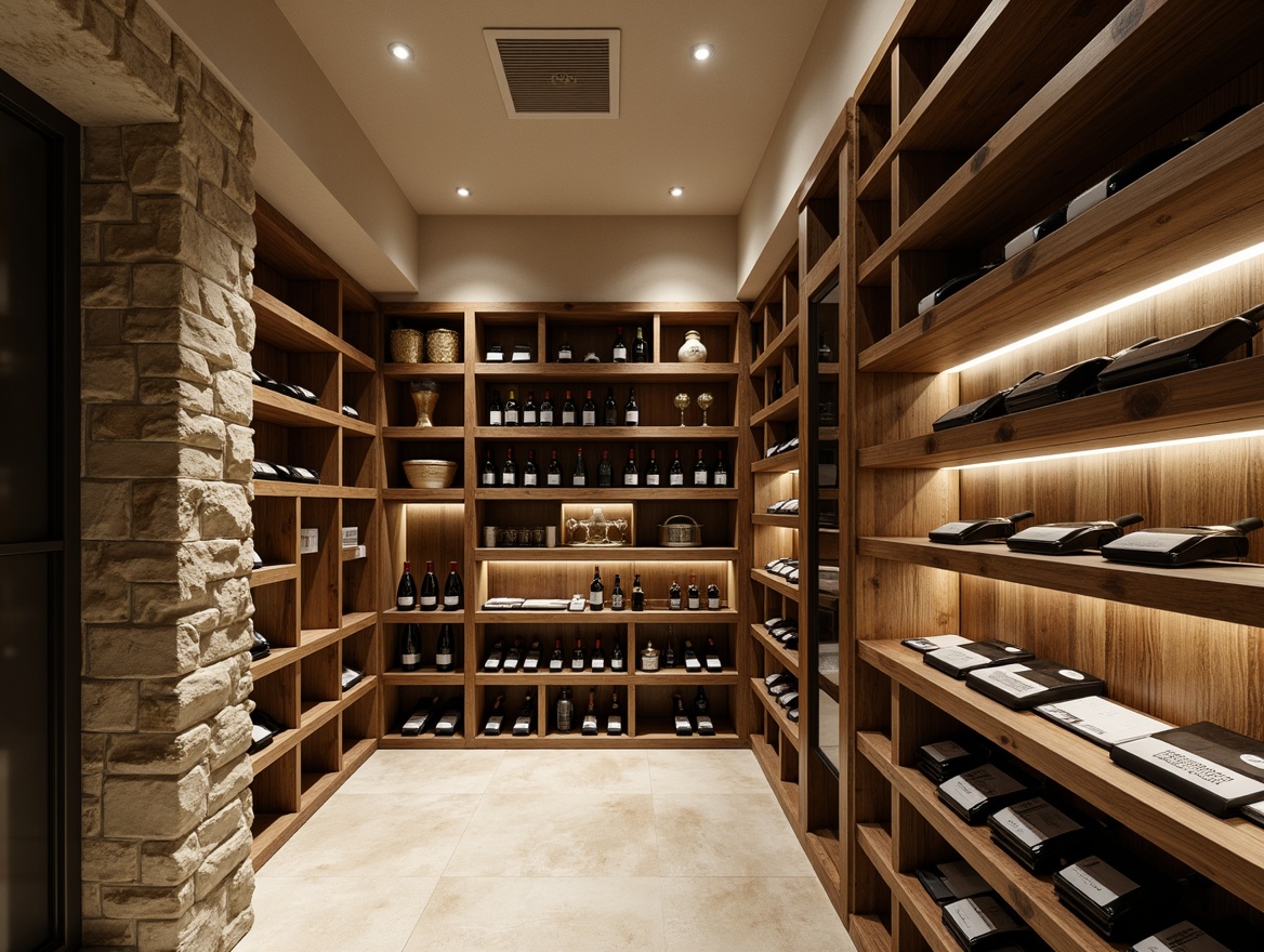 Prompt: Minimalist wine cellar, dimly lit atmosphere, rustic stone walls, reclaimed wood shelving, sleek metal accents, floor-to-ceiling storage, temperature-controlled environment, humidity regulation, subtle LED lighting, warm beige tones, rich wood textures, modern minimalist design, functional simplicity, clean lines, ample storage capacity, bespoke shelving solutions, wine bottle display, label-forward orientation, soft focus, shallow depth of field, 1/2 composition.