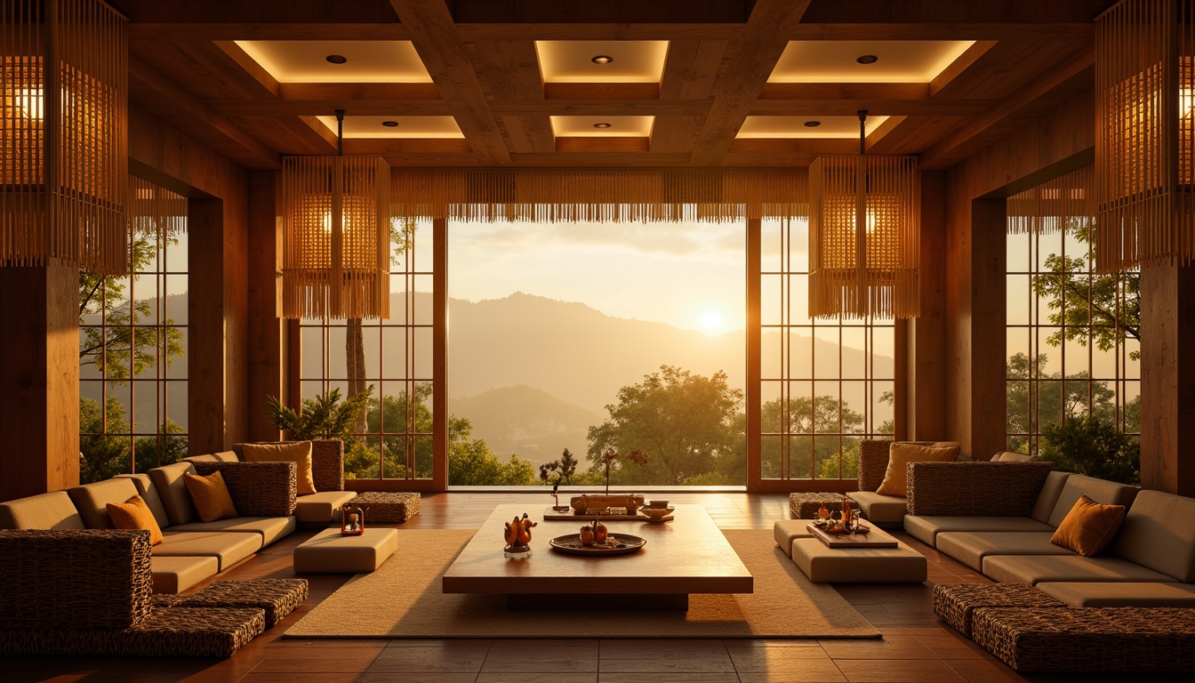 Prompt: Serenity-inspired interior, warm golden lighting, paper lanterns, bamboo shades, natural textiles, woven rattan furniture, earthy tone walls, subtle aromas, incense sticks, traditional Japanese screens, sliding shoji doors, minimalist decor, soft ambient glow, warm color temperature, 1/1 composition, intimate atmosphere, realistic wood grain textures, ambient occlusion.