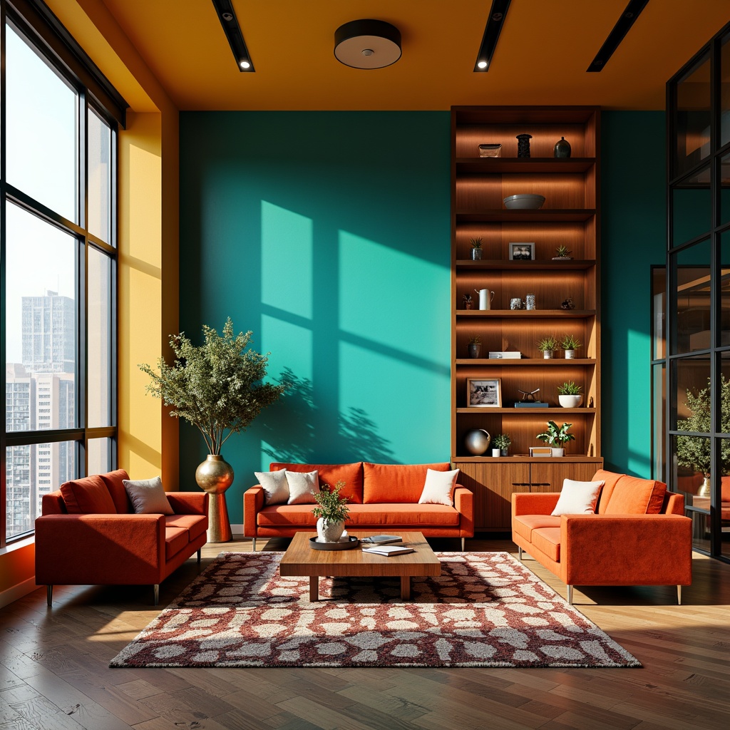 Prompt: Vibrant living room, bold color blocking, warm golden lighting, rich turquoise accent walls, plush velvet sofas, geometric patterned rugs, metallic copper decorative accents, modern minimalist shelving units, large windows with cityscape views, soft focus blur, shallow depth of field, 1/1 composition, warm atmosphere, cozy textures, ambient occlusion.