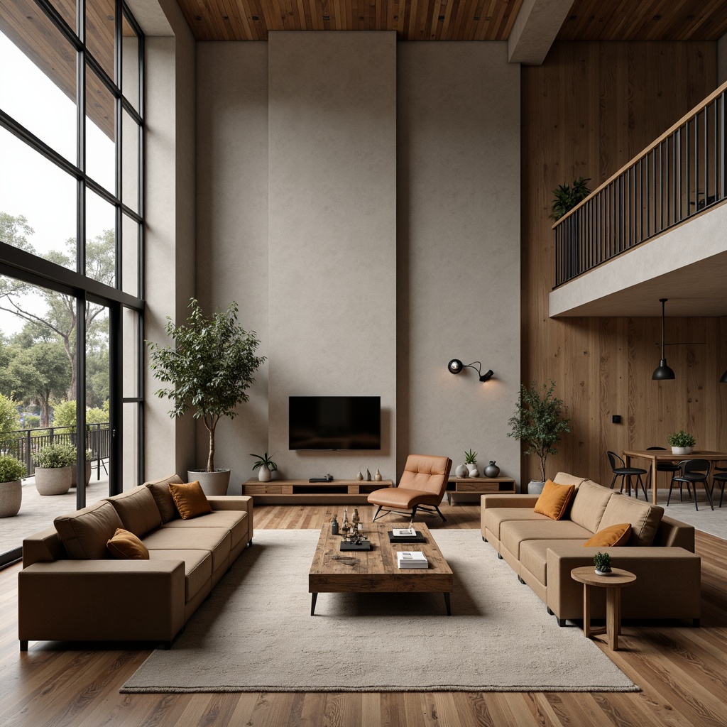 Prompt: Mid-century modern living room, sleek low-profile sofas, tufted velvet armchairs, reclaimed wood coffee tables, industrial metal lamps, minimalist decor, natural textiles, earthy color palette, warm cozy ambiance, soft diffused lighting, 1/1 composition, shallow depth of field, realistic wood grain textures, ambient occlusion.