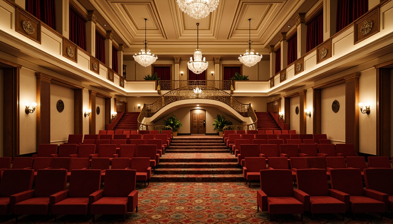 Prompt: Grand auditorium, transitional style, warm beige walls, dark wood accents, ornate golden details, plush red velvet seats, crystal chandeliers, soft warm lighting, subtle spotlighting, dramatic high ceilings, elegant curved staircases, sophisticated wall sconces, luxurious drapery, richly patterned carpets, refined architectural columns, ambient glow, 1/2 composition, shallow depth of field, realistic textures.