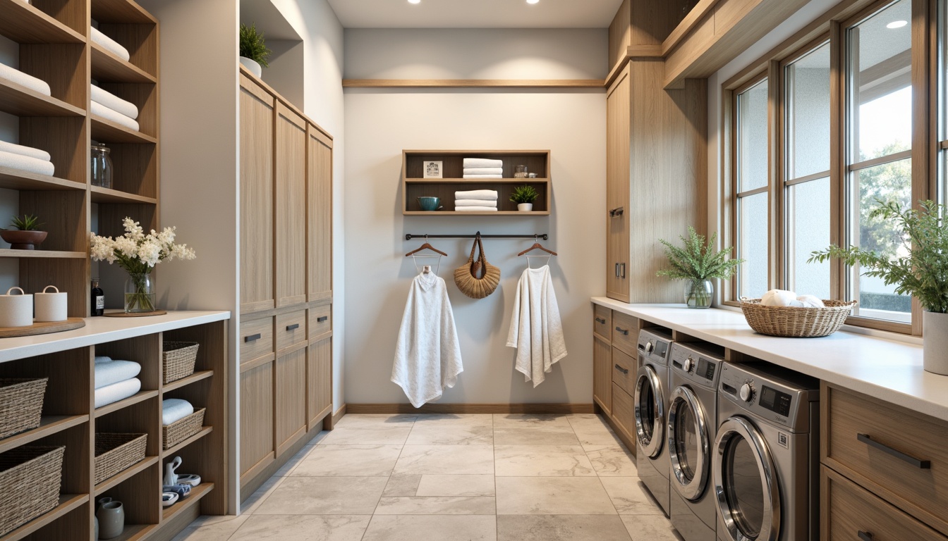 Prompt: Modern laundry room, sleek cabinetry, glossy white countertops, stainless steel appliances, built-in washing machines, dryers with steam function, folding tables, ironing boards, hanging rods with linen storage, wicker baskets, woven textiles, natural stone flooring, soft warm lighting, shallow depth of field, 3/4 composition, realistic textures, ambient occlusion.