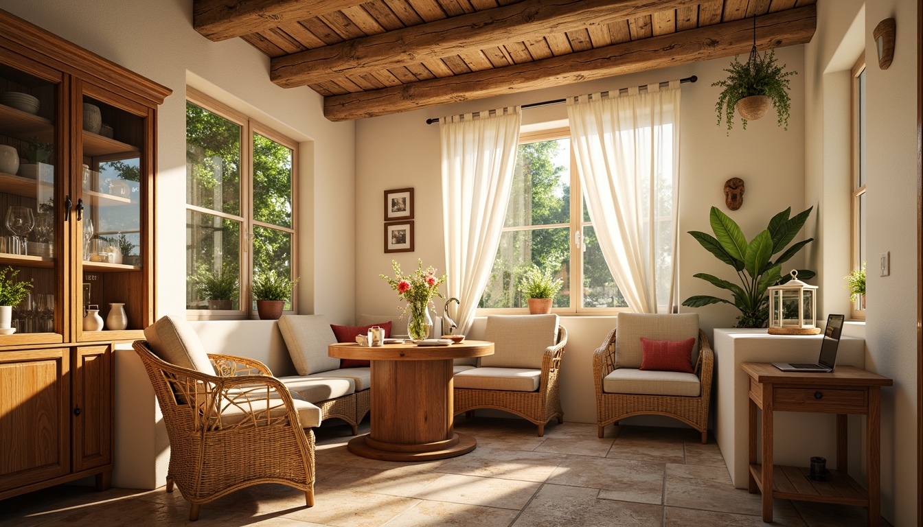 Prompt: Cozy breakfast nook, warm morning sunlight, soft golden lighting, creamy white walls, rustic wooden accents, woven wicker furniture, plush cushions, fresh flowers, delicate china cabinets, elegant glassware, intimate seating area, circular table, comfortable bench seating, natural stone flooring, earthy tones, minimal ornamentation, airy atmosphere, gentle shadows, 1/1 composition, warm color palette, inviting textures, soft focus.