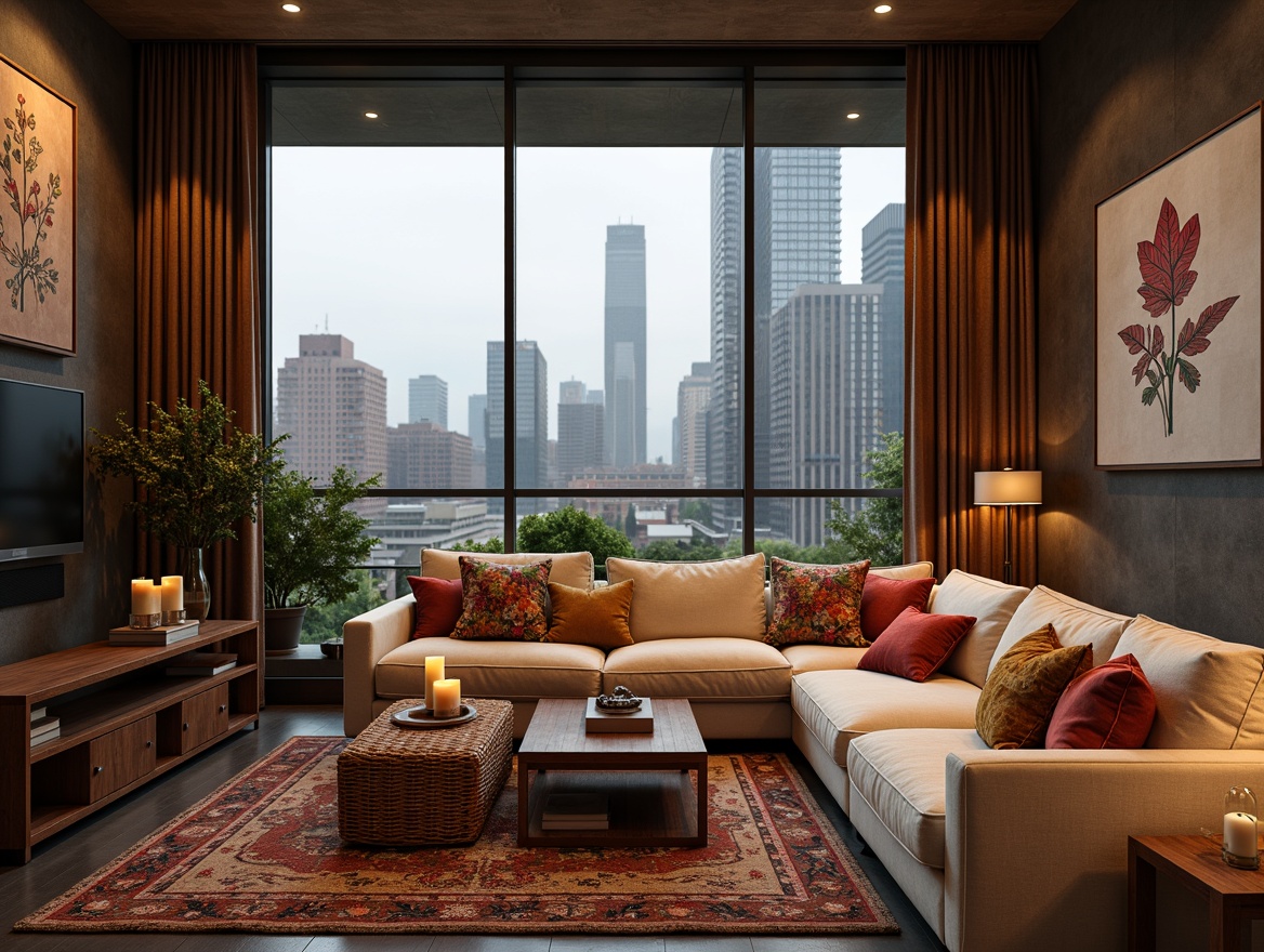 Prompt: Cozy living room, plush velvet sofas, soft linen upholstery, woven basket coffee tables, natural fiber rugs, warm candle lighting, comfortable reading nooks, floor-to-ceiling windows, urban cityscape views, modern minimalist architecture, sleek metal frames, luxurious silk drapes, intricate embroidery patterns, vibrant colorful throw pillows, rustic wooden accents, earthy tone color palette, relaxing ambiance, shallow depth of field, 1/1 composition, realistic textures, ambient occlusion.