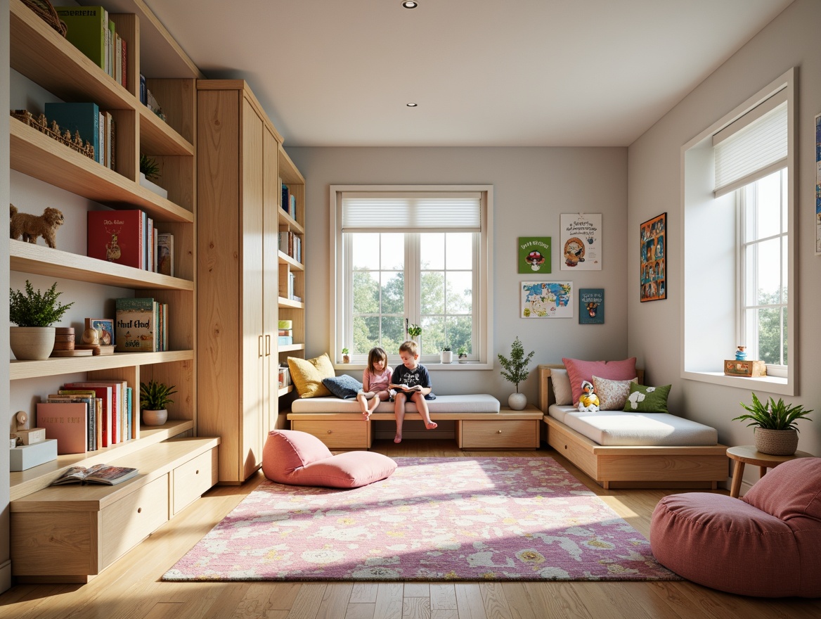 Prompt: Vibrant kids' bedroom, cozy reading nook, plush toys, built-in storage shelves, soft pastel colors, natural wood furniture, whimsical wall decals, educational posters, comfortable bean bags, colorful area rug, playful kid-sized furniture, abundant natural light, warm overhead lighting, shallow depth of field, 1/1 composition, intimate atmosphere, realistic textures.