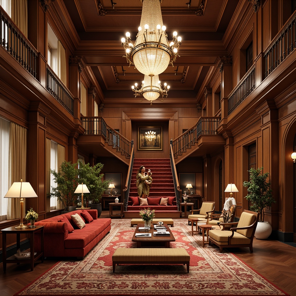 Prompt: Elegant hotel lobby, luxurious furnishings, rich wood tones, velvet upholstery, ornate carvings, crystal chandeliers, plush carpets, sophisticated color palette, academic architectural style, grand staircases, sweeping archways, majestic columns, refined minimalist decor, comfortable lounge seating, stylish coffee tables, upscale amenities, warm ambient lighting, soft focus, shallow depth of field, 2/3 composition, realistic textures, subtle atmospheric effects.