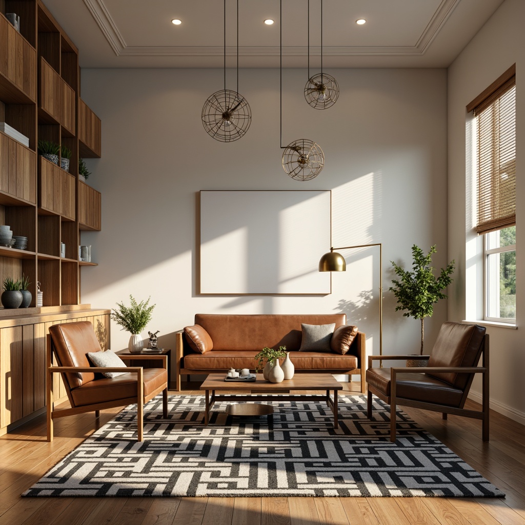 Prompt: Mid-century modern living room, sleek wooden furniture, geometric patterned rug, statement lighting fixtures, sputnik chandeliers, globe pendants, atomic-inspired lamps, brass accents, minimalist decor, natural materials, organic shapes, earthy tones, soft warm glow, 1/1 composition, realistic textures, ambient occlusion.