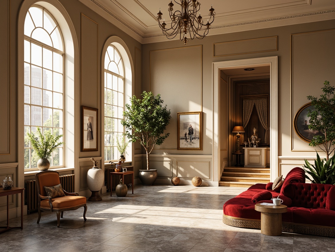 Prompt: Elegant interior space, ornate furnishings, rich velvet fabrics, gilded frames, marble columns, intricate moldings, soft beige walls, creamy white trim, warm golden lighting, subtle shading, 1/1 composition, realistic textures, ambient occlusion, ornamental accessories, lavish chandeliers, carved wooden panels, sophisticated color palette, muted earth tones, ivory whites, deep crimson reds, majestic blues, luxurious emerald greens.