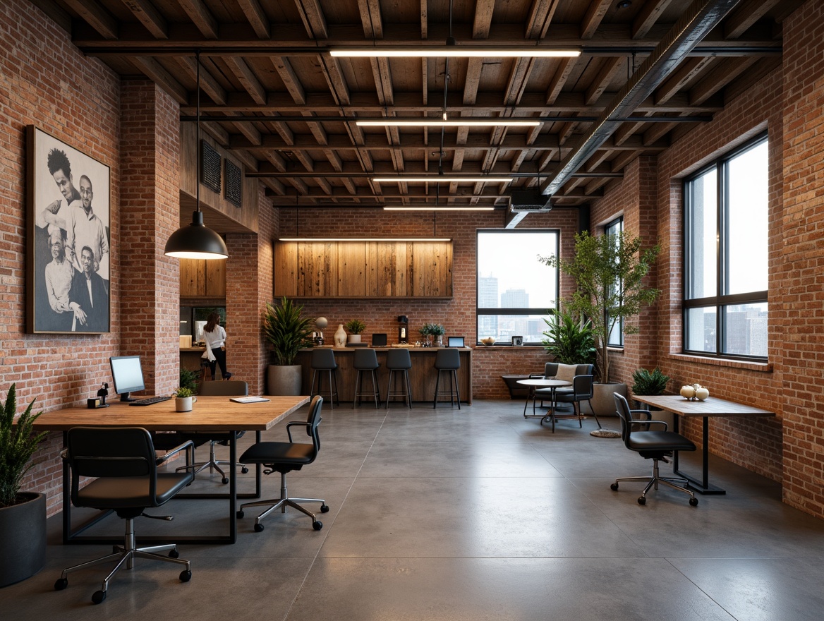 Prompt: Reclaimed wood accents, metal framework, industrial-chic lighting, exposed brick walls, polished concrete floors, modern minimalist decor, functional workstations, ergonomic chairs, rustic wooden tables, urban loft atmosphere, warm ambient lighting, shallow depth of field, 2/3 composition, realistic textures, subtle color palette.