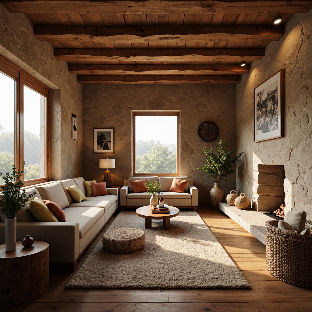 Prompt: Cozy living room, warm wooden floors, plush area rugs, textured stone walls, natural fiber upholstery, woven baskets, earthy color palette, rustic wood accents, organic shapes, soft warm lighting, 1/1 composition, shallow depth of field, realistic textures, ambient occlusion.