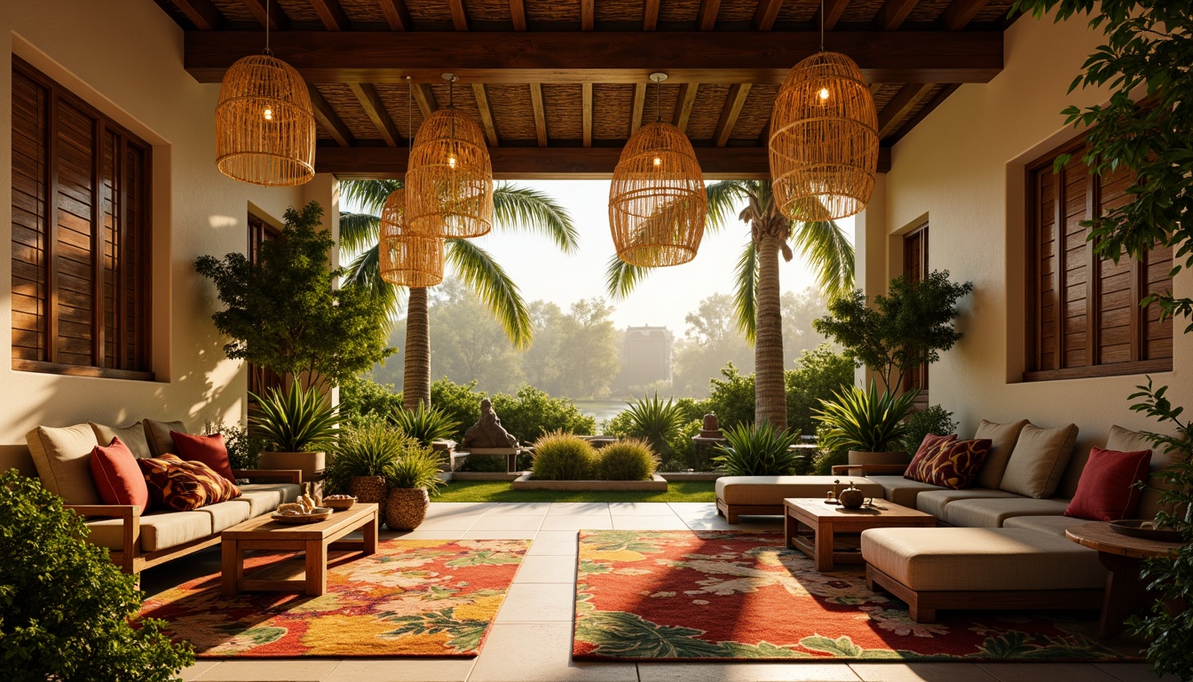 Prompt: Warm tropical ambiance, soft golden lighting, pendant lamps, rattan fixtures, natural textures, woven fibers, exotic wood accents, vibrant colorful fabrics, lush greenery, palm trees, floral patterns, warm beige walls, rustic wooden furniture, cozy nooks, ambient illumination, gentle breeze, sunny day, shallow depth of field, 1/1 composition, realistic rendering, atmospheric perspective.