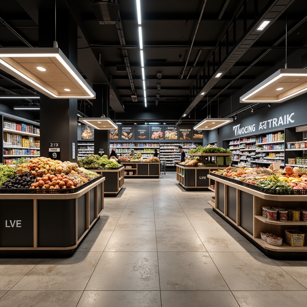 Prompt: Contemporary grocery store interior, sleek shelving units, polished metal accents, LED light strips, suspended ceiling fixtures, geometric pendant lamps, matte black finishes, warm white lighting, ambient overhead illumination, dramatic floor-level uplighting, reflective chrome details, minimalist aisle signage, natural stone flooring, urban industrial atmosphere, early morning softbox lighting, 1/1 composition, realistic reflections, subtle gradient maps.