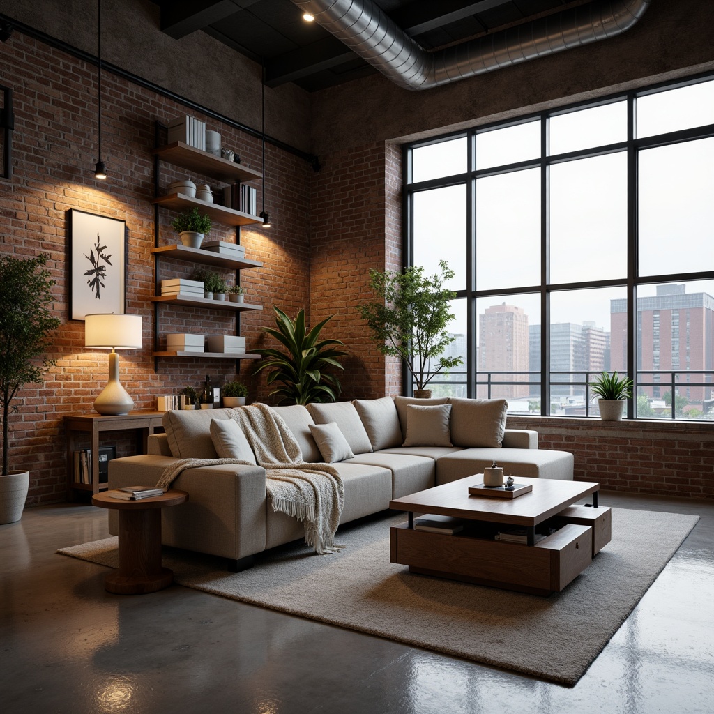 Prompt: Modern living room, sleek low-profile sofa, minimalist coffee table, hidden storage compartments, multi-functional shelving units, adjustable floor lamps, soft warm glow, cozy throw blankets, natural wood accents, urban loft atmosphere, industrial chic decor, exposed brick walls, polished concrete floors, panoramic city view, 1/1 composition, shallow depth of field, realistic textures.