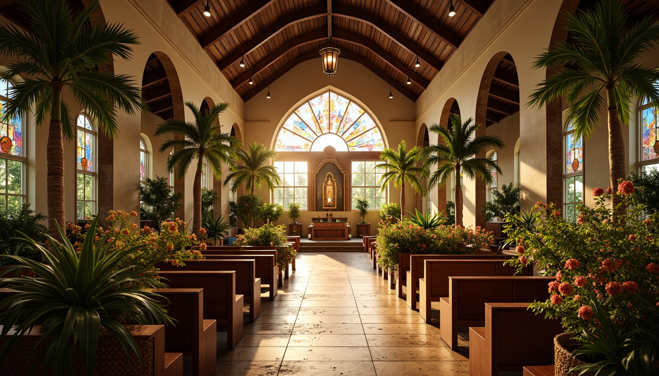 Prompt: Tropical church interior, vaulted ceilings, stained glass windows, warm golden lighting, soft diffused sunlight, lush greenery, exotic flowers, wooden pews, rustic stone walls, earthy tone floors, dramatic archways, ornate altar, vibrant colorful murals, natural textiles, woven rattan furniture, palm tree accents, serene ambiance, high contrast ratio, shallow depth of field, 1/1 composition, warm color palette, realistic textures.