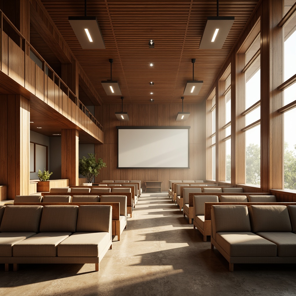 Prompt: Elegant lecture halls, warm wood accents, comfortable seating areas, abundant natural light, softbox lights, LED lighting systems, recessed ceiling fixtures, suspended pendant lamps, minimalist chandeliers, subtle color temperatures, high-contrast ratios, dramatic shadows, 1/1 composition, realistic reflections, ambient occlusion, atmospheric mist, warm beige tones, rich walnut textures, sophisticated furniture designs.