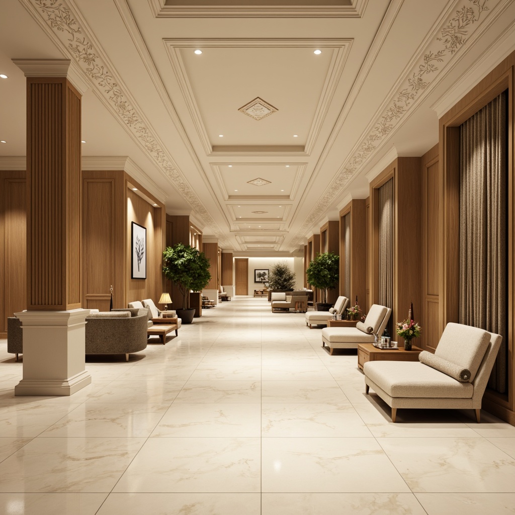 Prompt: Creamy white marble floors, rich wood paneling, elegant columns, ornate moldings, subtle gradient lighting, soft beige walls, luxurious velvet drapes, antique bronze fixtures, refined minimalist furniture, natural stone accents, ornamental patterns, subtle texture contrasts, warm earthy tones, inviting waiting areas, professional reception desks, classic architectural details, symmetrical compositions, shallow depth of field, 1/2 composition, realistic textures, ambient occlusion.