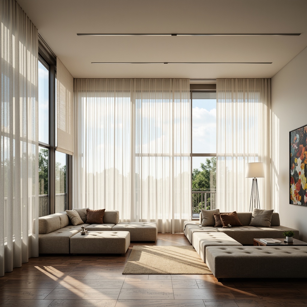 Prompt: Minimalist modern interior, sleek streamline decor, floor-to-ceiling windows, flowing drapery, sheer white curtains, metallic rod systems, geometric patterned shades, roller blinds with textured fabrics, reflective glass accents, chrome hardware, polished wooden floors, low-profile sofas, tufted ottomans, abstract artwork, soft warm lighting, 1/1 composition, shallow depth of field, realistic fabric textures, ambient occlusion.