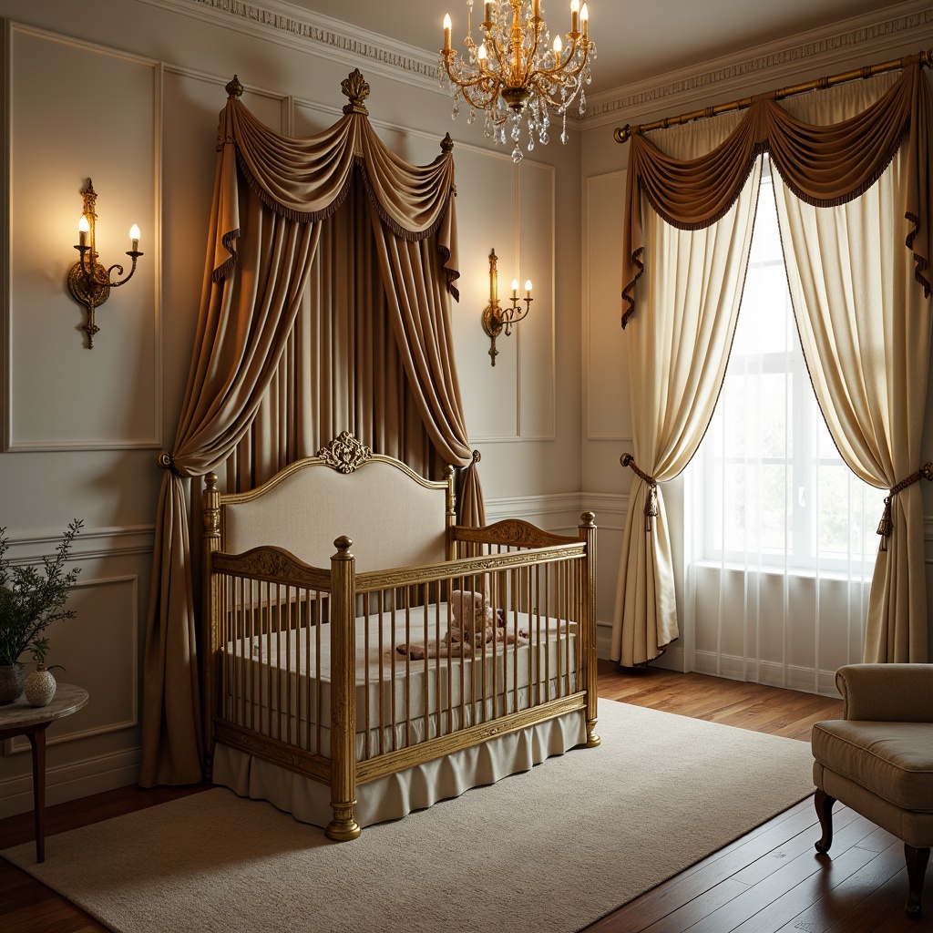 Prompt: Ornate baby crib, luxurious velvet drapes, golden chandeliers, crystal pendant lights, soft warm glow, creamy white walls, rich wood accents, intricate carvings, plush area rugs, delicate lace curtains, vintage bronze sconces, warm beige tones, subtle shading, 1/1 composition, intimate atmosphere, realistic textures, ambient occlusion.