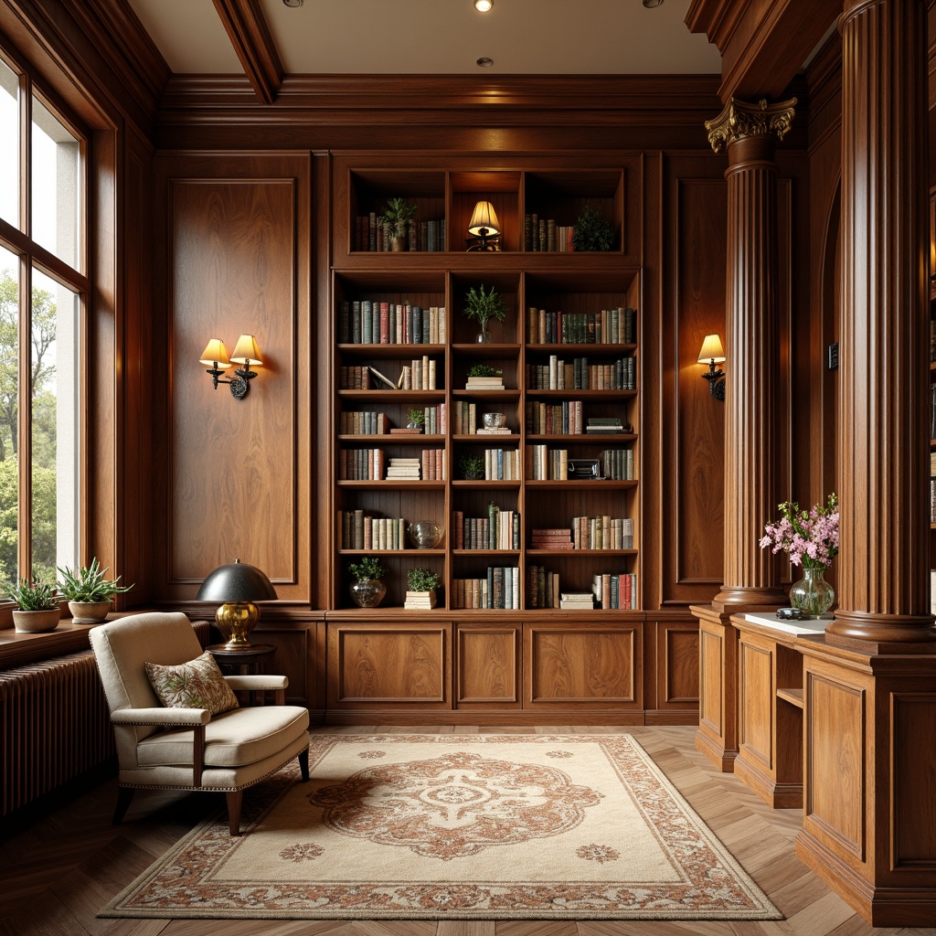 Prompt: Rich wood accents, luxurious velvet fabrics, sophisticated tweed upholstery, refined linen textures, subtle plaid patterns, earthy terracotta hues, muted sage greens, creamy ivory whites, warm golden lighting, cozy reading nooks, stately columns, ornate moldings, classic bookshelves, vintage leather armchairs, elegant marble surfaces, soft warm carpeting, 1/2 composition, shallow depth of field, realistic textures, ambient occlusion.