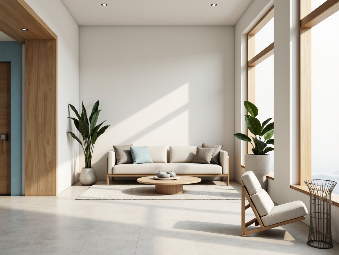 Prompt: Monochromatic interior, soft creamy whites, warm beige tones, subtle grays, calming blues, natural wood accents, sleek metal frames, minimalist decor, empty space, sparse furnishings, low-profile furniture, hidden storage, ambient lighting, gentle shadows, 1/1 composition, realistic textures, soft focus, shallow depth of field.