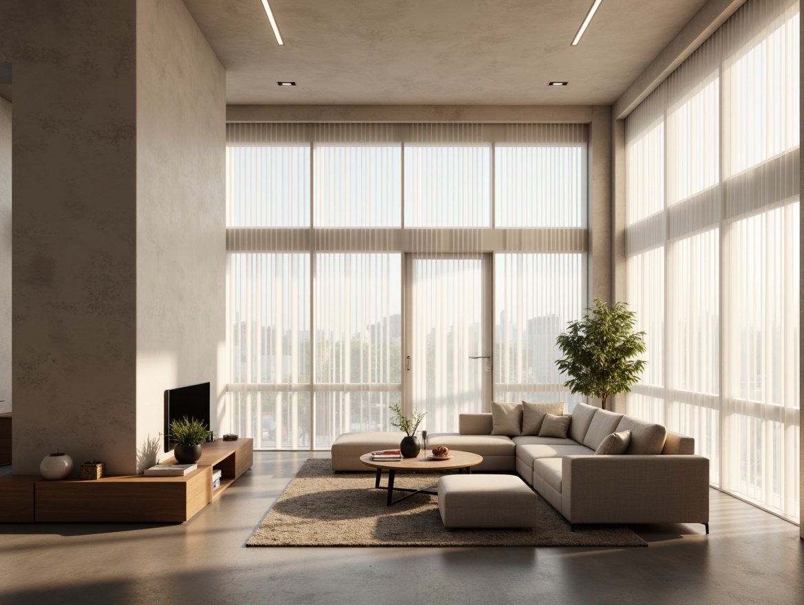 Prompt: Minimalist home interior, soft warm lighting, natural daylight, floor-to-ceiling windows, sheer white curtains, recessed ceiling lights, hidden LED strips, subtle shadow accents, clean lines, monochromatic color scheme, matte finishes, industrial chic decor, concrete floors, wooden accents, minimalist furniture, simple shapes, neutral tones, ambient glow, low-key illumination, 1/1 composition, soft focus, realistic textures.