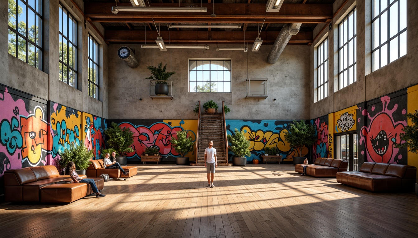 Prompt: Vibrant gymnasium interior, bold expressionist style, contrasting textures, rough concrete walls, smooth wooden floors, metal beams, exposed ductwork, colorful graffiti, dynamic lighting, dramatic shadows, industrial chic atmosphere, eclectic furniture, distressed leather sofas, reclaimed wood accents, abstract artwork, geometric patterns, high ceilings, open spaces, urban feel, 1/1 composition, moody warm tones, realistic rendering, ambient occlusion.