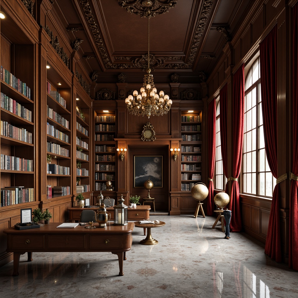 Prompt: Elegant study hall, rich wooden shelves, ornate metal brackets, vintage lanterns, distressed leather-bound books, antique globes, luxurious velvet drapes, refined marble floors, sophisticated minimalist decor, warm ambient lighting, subtle wood grain textures, 1/1 composition, shallow depth of field, realistic reflections.