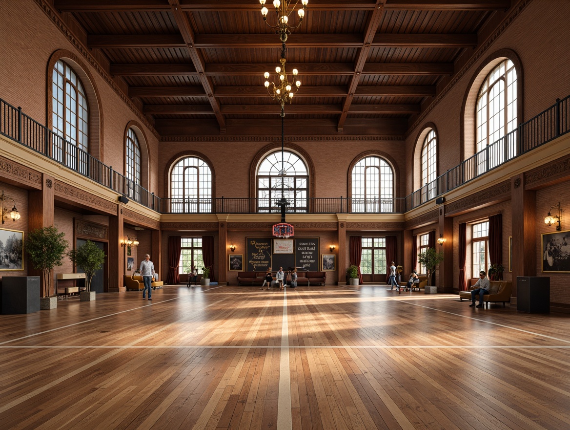 Prompt: Renaissance-inspired gymnasium interior, rich wood flooring, ornate patterns, intricate carvings, polished walnut surfaces, athletic equipment, basketball hoops, tennis courts, running tracks, exercise machines, motivational quotes, vintage sports posters, rustic brick walls, arched windows, grand chandeliers, soft warm lighting, shallow depth of field, 1/2 composition, realistic textures, ambient occlusion.