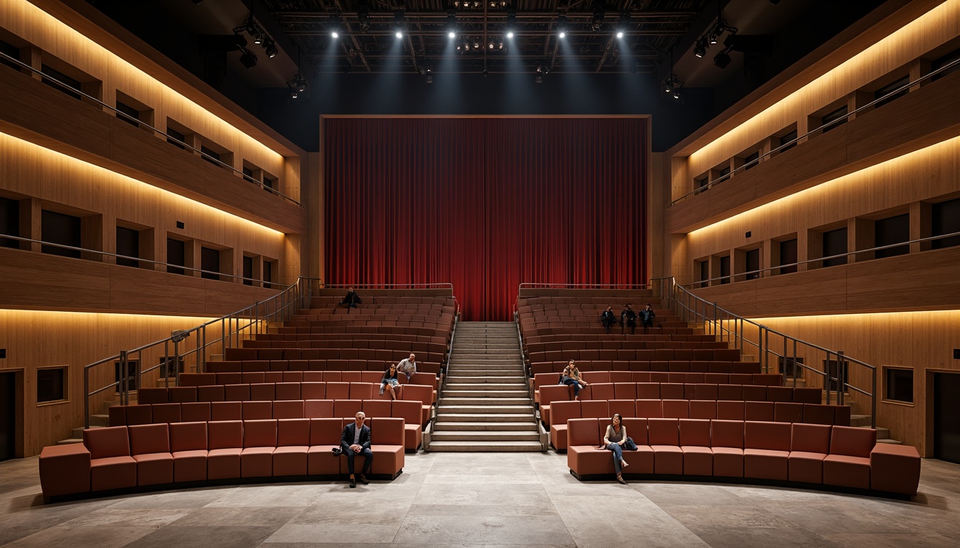 Prompt: Elegant amphitheater design, curved seating rows, stylish wall finishes, metallic accents, LED lighting strips, polished concrete floors, sleek railings, grand staircase, luxurious velvet curtains, dramatic spotlights, shallow depth of field, 1/1 composition, symmetrical framing, warm atmospheric glow, soft shadows, natural stone textures, ambient occlusion.