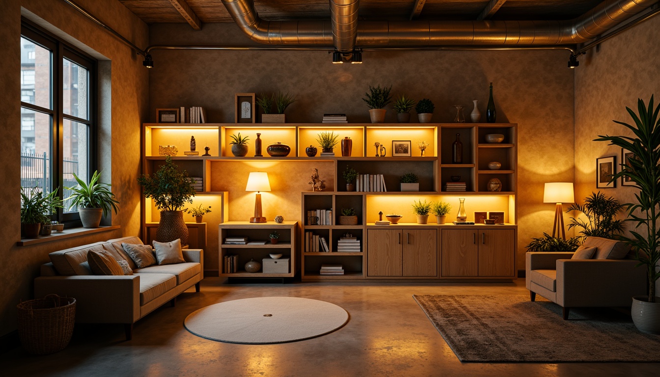 Prompt: Cozy storage room, warm beige walls, rustic wooden shelves, soft ambient lighting, table lamps, floor lamps, track lighting, LED strips, minimal decor, industrial metal accents, concrete floors, exposed ductwork, urban loft atmosphere, moody shadows, dramatic spotlights, 1/1 composition, shallow depth of field, realistic textures.