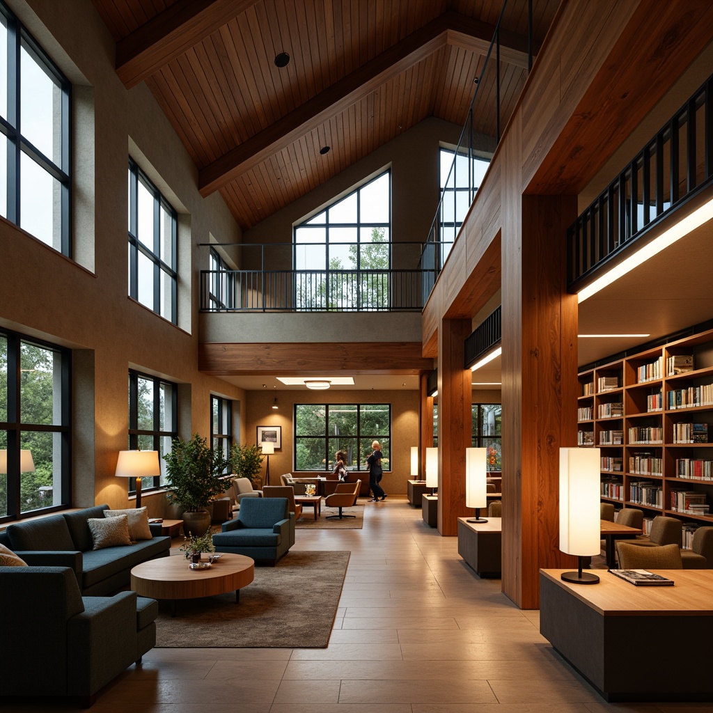 Prompt: Elegant academic library, warm wood accents, softbox lighting, floor lamps, bookshelves, comfortable reading nooks, natural stone walls, high ceilings, large windows, diffused daylight, cozy atmosphere, subtle color palette, modern minimalist furniture, sleek metal fixtures, ambient indirect lighting, 1/1 composition, realistic textures, shallow depth of field, warm color temperature.