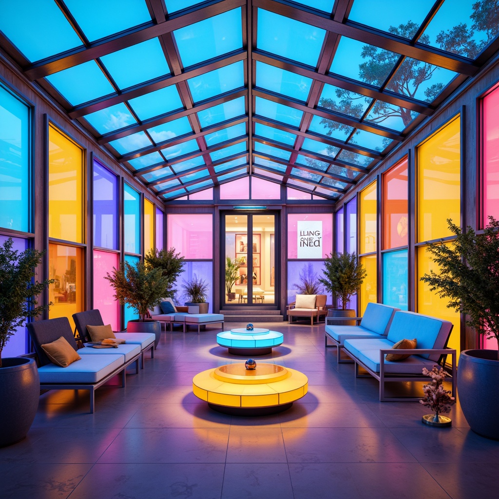 Prompt: Vibrant sunroom, futuristic architecture, transparent glass walls, sleek metal frames, minimalist decor, neon-lit accents, iridescent color scheme, electric blue hues, radiant yellow tones, warm orange glows, soft pink blushes, luminescent whites, high-gloss finishes, polished chrome details, retro-futuristic patterns, geometric shapes, LED light installations, ambient futuristic ambiance, shallow depth of field, 1/1 composition, panoramic view.