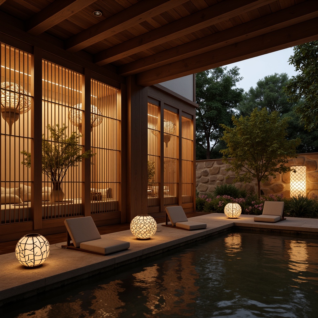 Prompt: Intricate lanterns, soft warm glow, paper lanterns, natural wood accents, minimalist metalwork, delicate silk shades, subtle LED lighting, tranquil water features, serene gardens, traditional Japanese architecture, tatami mats, shoji screens, natural stone walls, earthy tone colors, cozy ambient lighting, 1/1 composition, realistic reflections, subtle texture details.