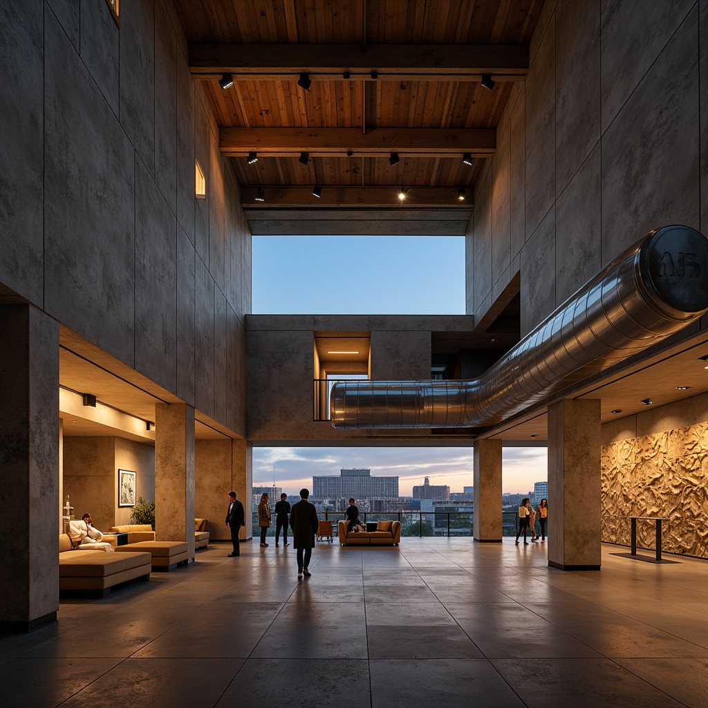 Prompt: Rugged cultural center, brutalist architecture, raw concrete walls, exposed ductwork, industrial-style lighting fixtures, warm ambient glow, dramatic spotlights, high ceilings, open spaces, minimalist decor, natural materials, reclaimed wood accents, metal beams, urban cityscape, evening atmosphere, softbox lighting, 1/2 composition, cinematic mood, realistic textures, subtle color grading.