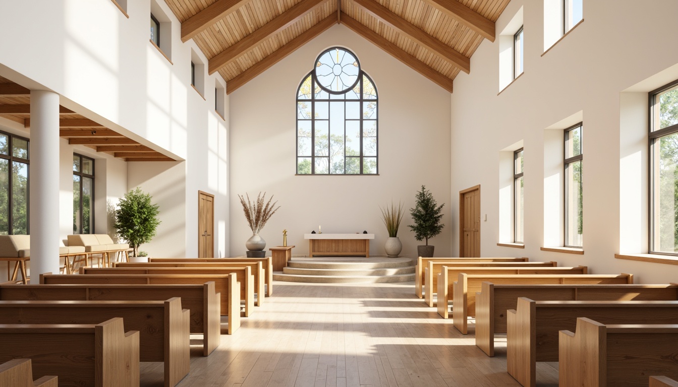 Prompt: Light-filled church interior, minimalist wooden pews, simple altar designs, Nordic-inspired stained glass windows, creamy white walls, polished oak flooring, modern Scandinavian furniture, sleek metal accents, geometric-patterned textiles, natural fabrics, subtle color palette, soft warm lighting, shallow depth of field, 3/4 composition, realistic textures, ambient occlusion.