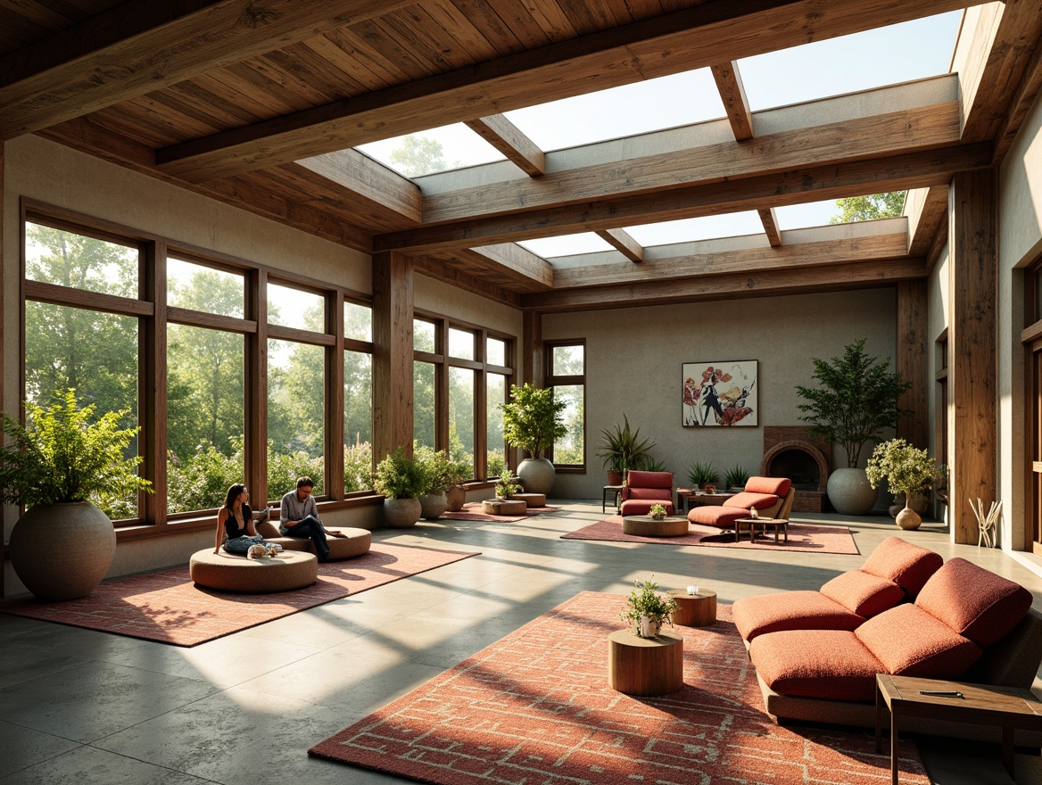 Prompt: Vibrant sunroom, Bauhaus architectural style, textured surfaces, geometric patterns, industrial materials, metal beams, concrete floors, wooden accents, minimalist decor, functional layout, abundant natural light, clerestory windows, skylights, warm color palette, earthy tones, organic forms, brutalist elements, raw concrete walls, exposed ductwork, mechanical systems, sleek lines, rectangular shapes, functional simplicity, cozy reading nooks, plush textiles, ambient shadows, soft indirect lighting, 1/1 composition, high-contrast textures.