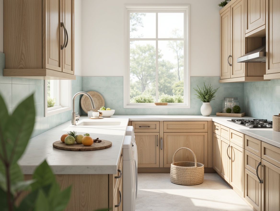 Prompt: Soft pastel hues, gentle gradient transitions, calming laundry interior, natural stone countertops, wooden cabinetry, stainless steel appliances, minimalist decor, creamy whites, soothing blues, muted greens, warm beige tones, soft warm lighting, shallow depth of field, 3/4 composition, realistic textures, ambient occlusion.