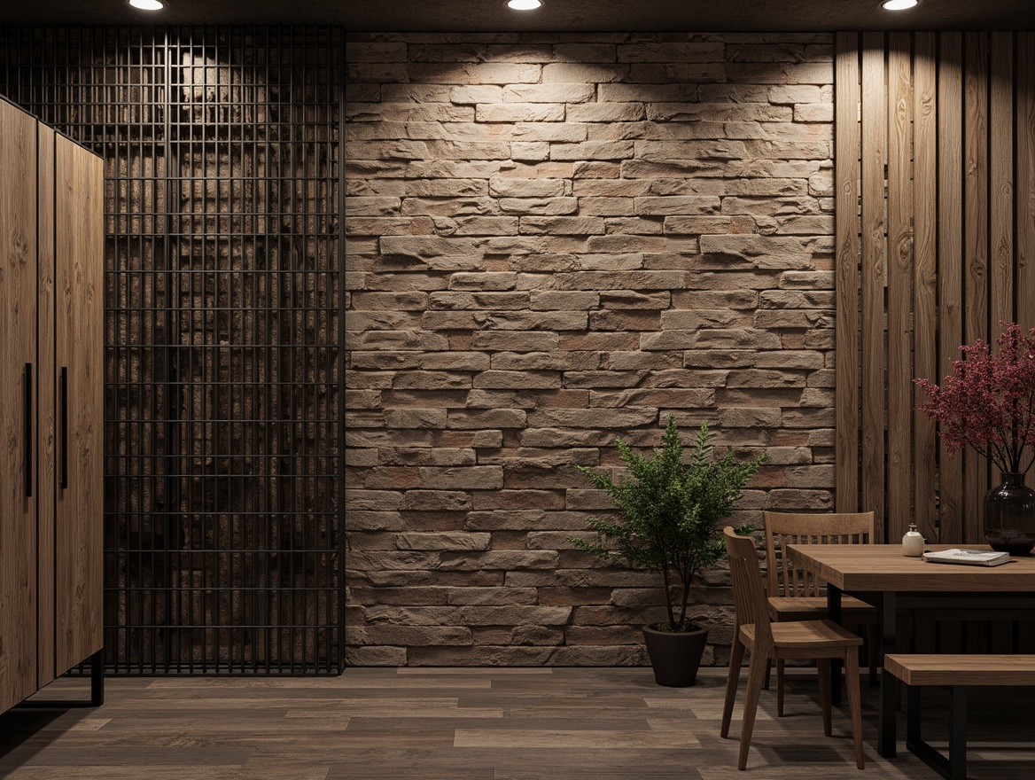 Prompt: Rustic textured walls, earthy tones, natural stone materials, rugged brick surfaces, distressed wooden planks, vintage metal grids, industrial chic aesthetic, moody lighting, dramatic shadows, 1/2 composition, shallow depth of field, realistic textures, ambient occlusion.