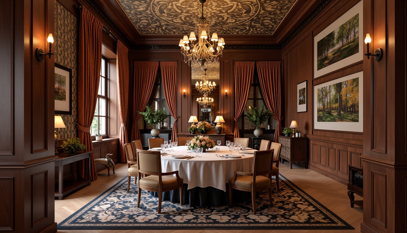 Prompt: Elegant dining room, rich wood furniture, ornate chandeliers, luxurious velvet drapes, patterned rugs, statement wallpaper, metallic accents, sophisticated color palette, refined table settings, crystal glassware, fine china, soft warm lighting, 1/1 composition, intimate atmosphere, subtle texture overlays, realistic reflections.