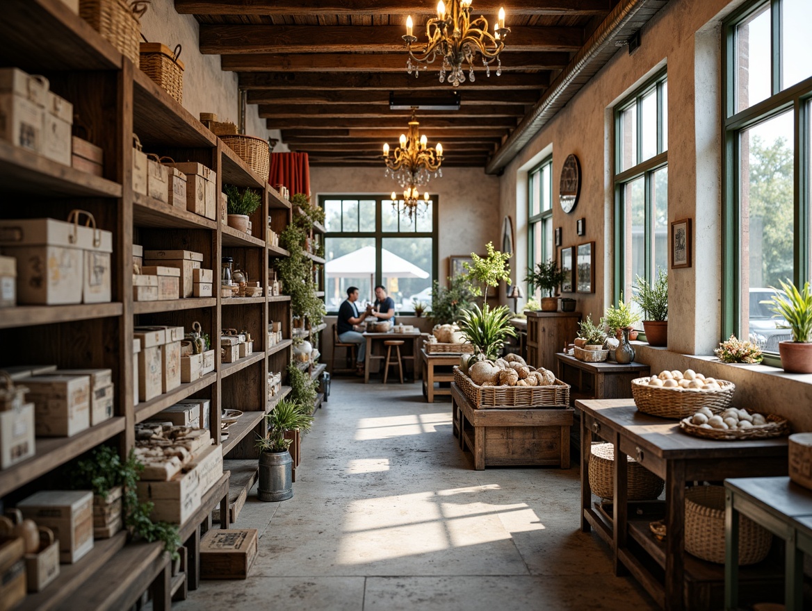 Prompt: Vintage grocery store, distressed wood shelves, ornate metal racks, rustic wooden crates, woven wicker baskets, lace curtains, soft pastel colors, antique furniture pieces, refurbished industrial equipment, elegant chandeliers, worn brick walls, natural stone floors, warm candle lighting, shallow depth of field, 1/1 composition, realistic textures, ambient occlusion.