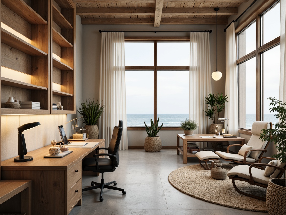 Prompt: Coastal style office, natural materials, reclaimed wood accents, ocean-inspired color palette, calming atmosphere, soft warm lighting, table lamps with nautical ropes, pendant lights with glass shades, floor lamps with driftwood bases, LED strip lights under shelving, large windows with ocean views, minimal window treatments, sheer white curtains, reflective surfaces, polished concrete floors, minimalist desks, ergonomic chairs, decorative accents with sea shells, natural textiles with subtle patterns, warm beige tones, inviting ambiance, shallow depth of field, 1/1 composition, realistic textures, ambient occlusion.