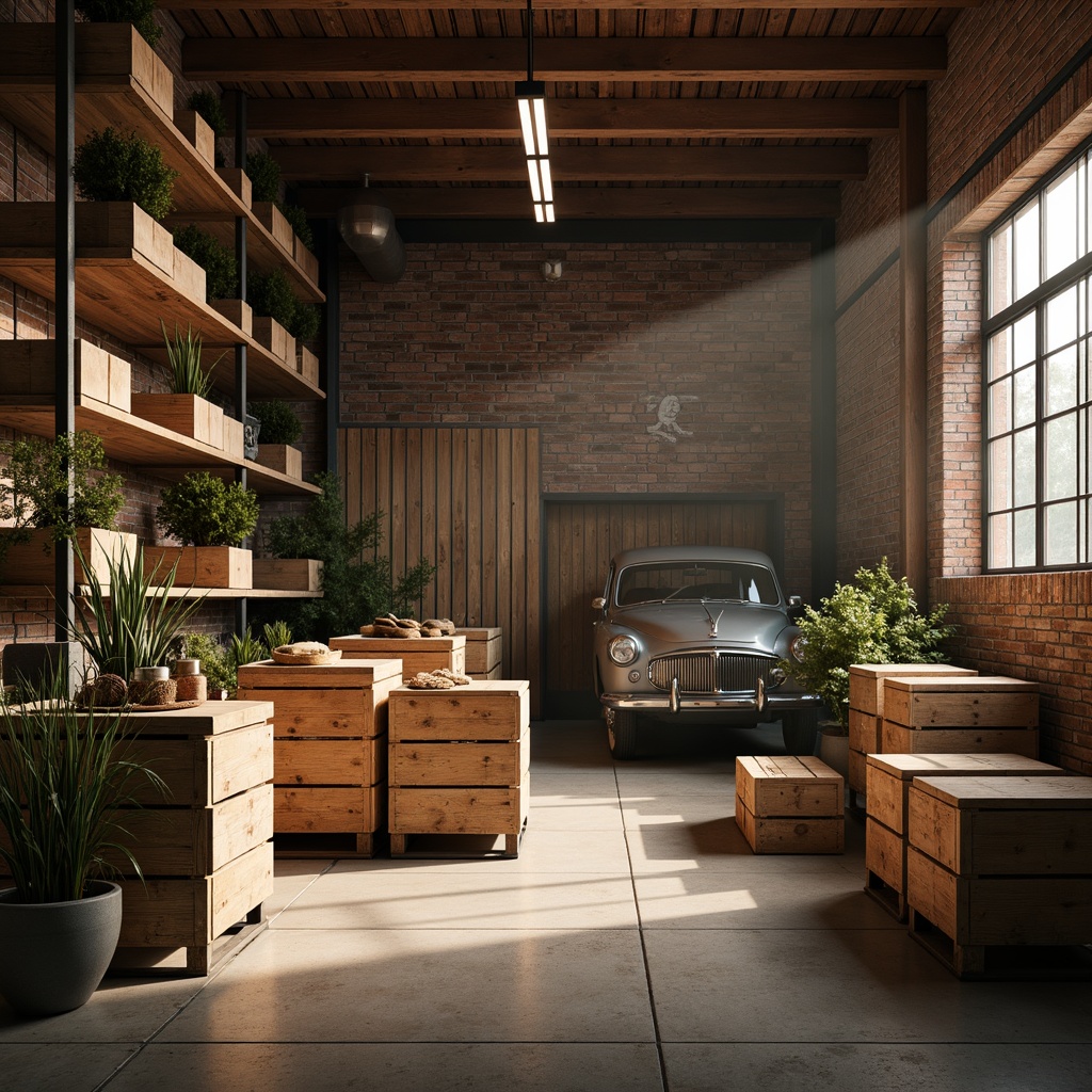 Prompt: Rustic distribution center, wooden crates, vintage industrial equipment, earthy color palette, warm softbox lighting, cozy atmosphere, distressed brick walls, metal accents, reclaimed wood shelves, worn concrete floors, natural textiles, ambient occlusion, shallow depth of field, 1/1 composition, realistic render, morning light, gentle shadows.